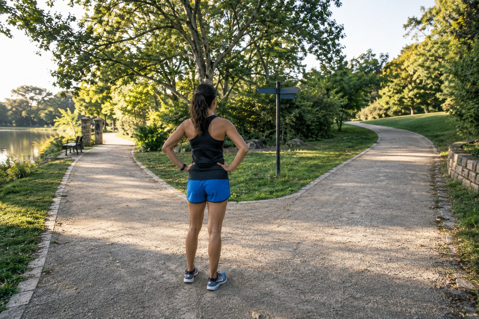 Une coureuse s’arrête à la bifurcation de deux chemins de parc.