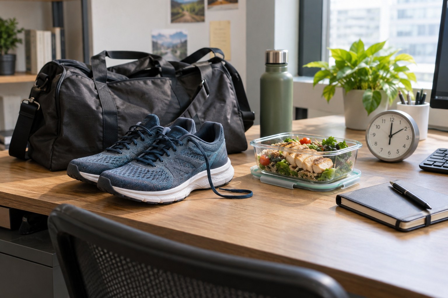Des chaussures de course, un sac, un repas et une horloge sur un bureau.