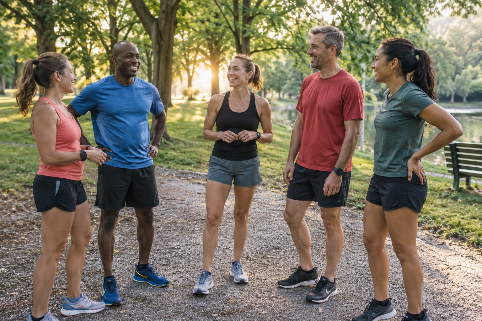 Des coureurs discutent dans un parc avant une sortie.