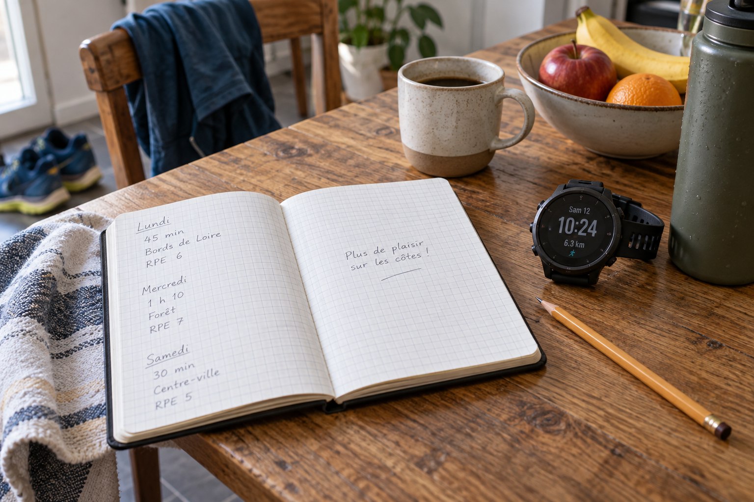 Un carnet de course ouvert près d’une montre et d’un crayon.