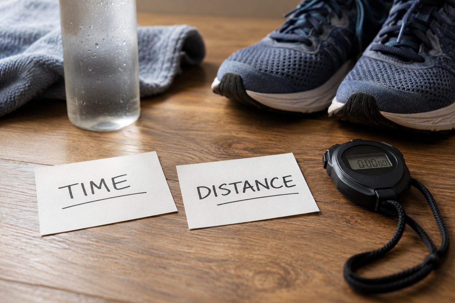 Des cartes d’objectifs de durée et de distance près de matériel de course.