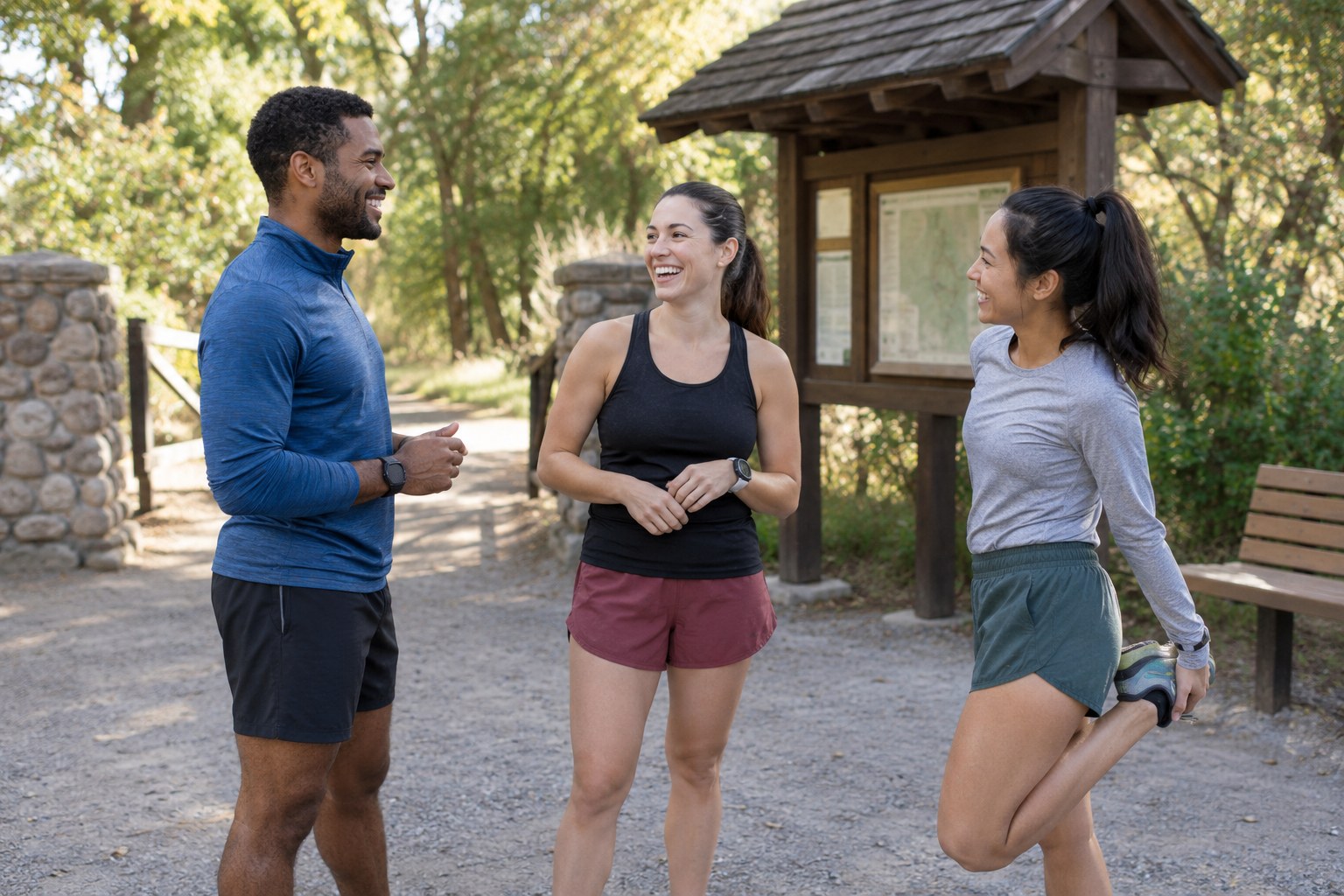 Des coureurs se retrouvent près d’une entrée de parc et d’un banc.