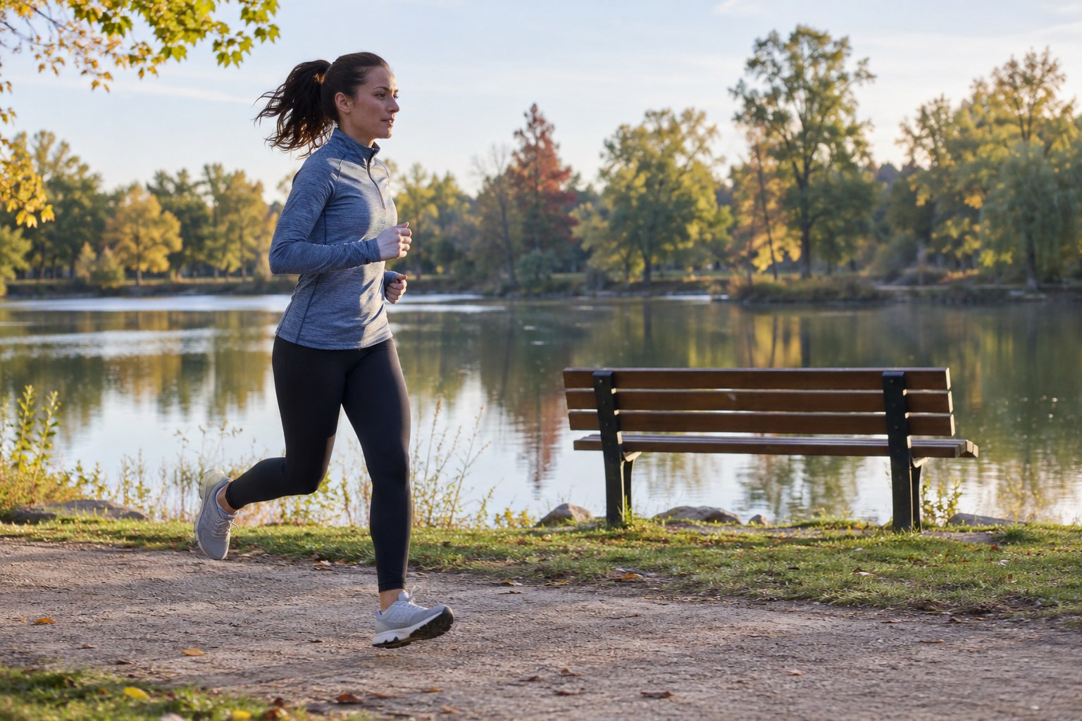 Un coureur passe près d’un banc au bord d’un petit lac.