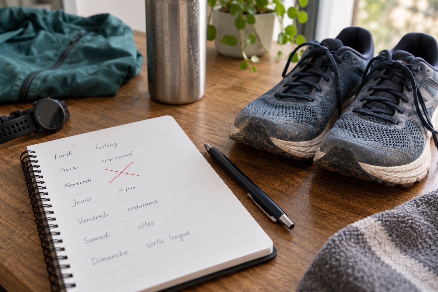 Un planning de course avec une séance barrée près de chaussures.