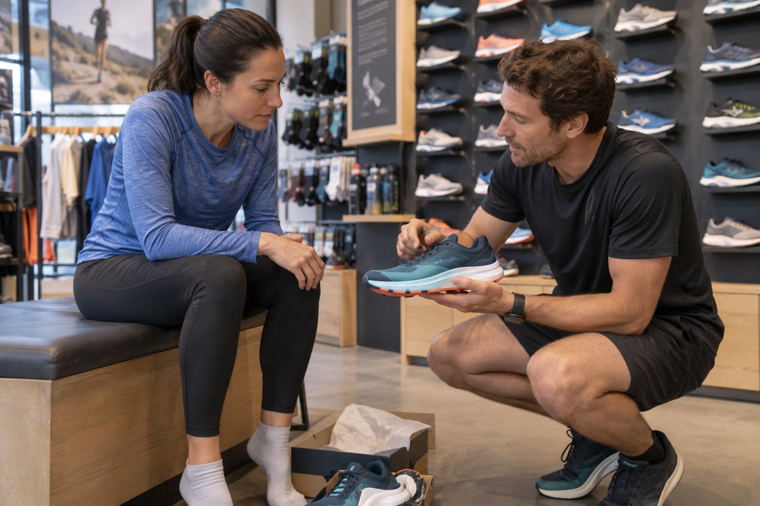 Une personne discute d’une chaussure de course avec un vendeur.