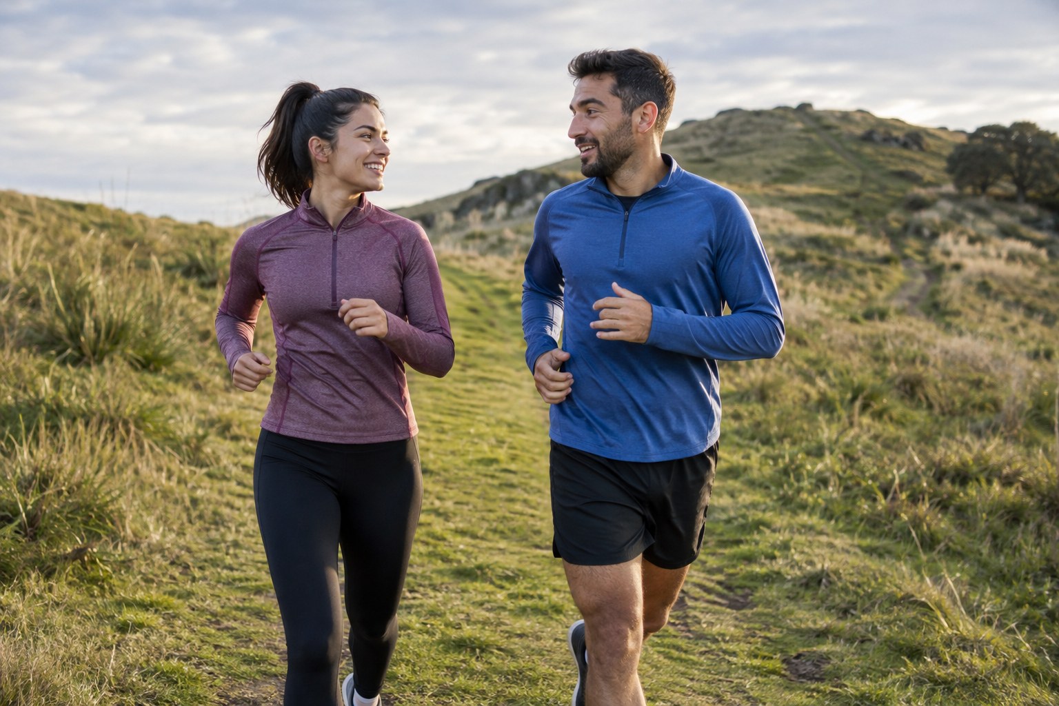 Deux coureurs discutent sur un chemin légèrement vallonné.
