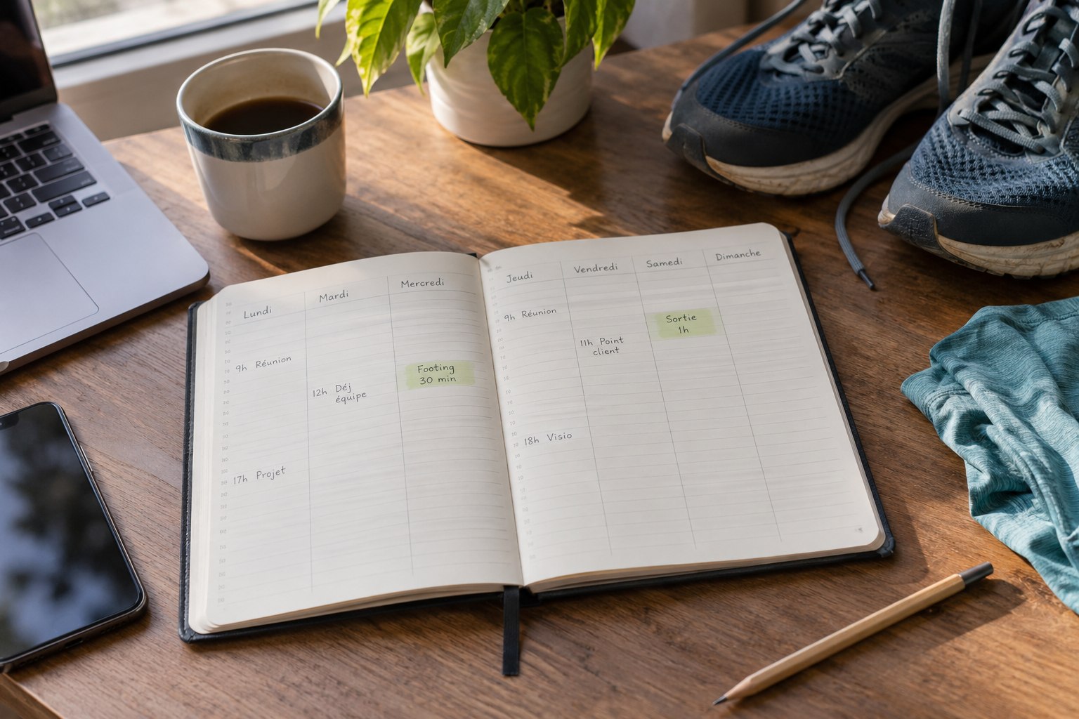 Un agenda hebdomadaire avec des rendez-vous de travail et de course.