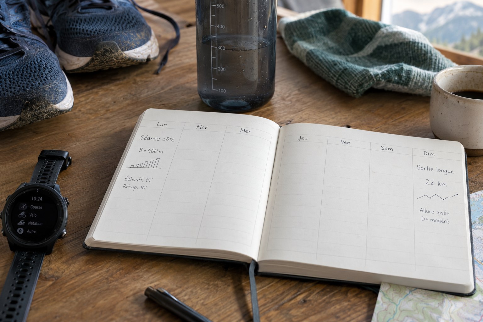 Un agenda et une montre près de chaussures et d’une gourde.