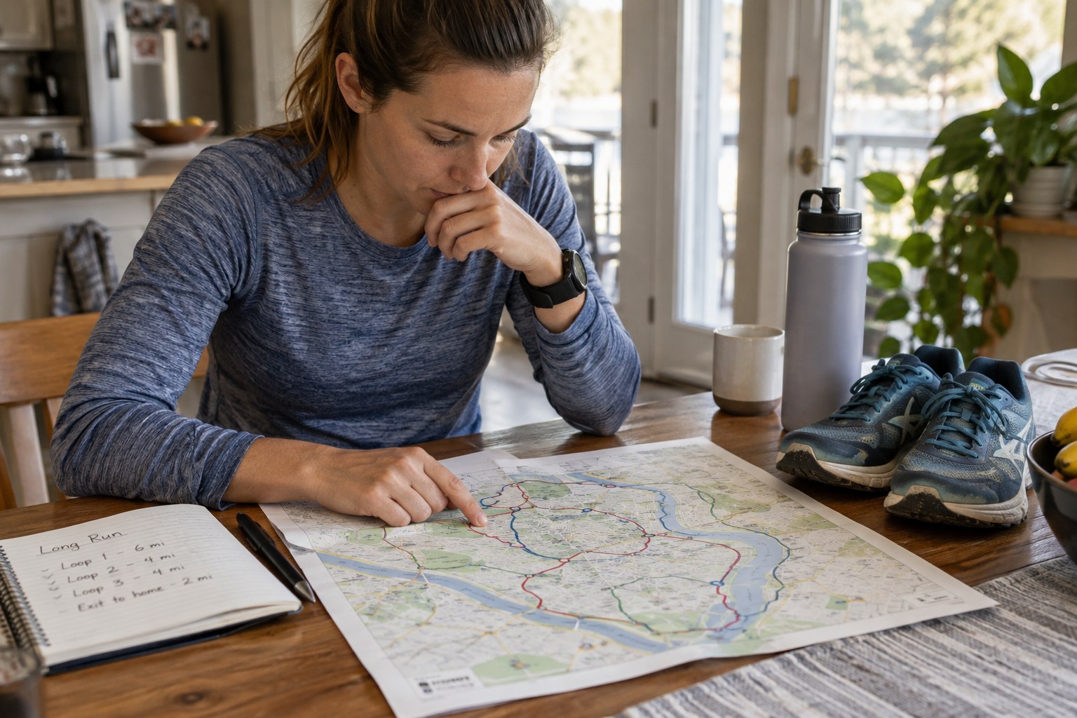 Un coureur étudie une carte de parcours près d’une gourde.