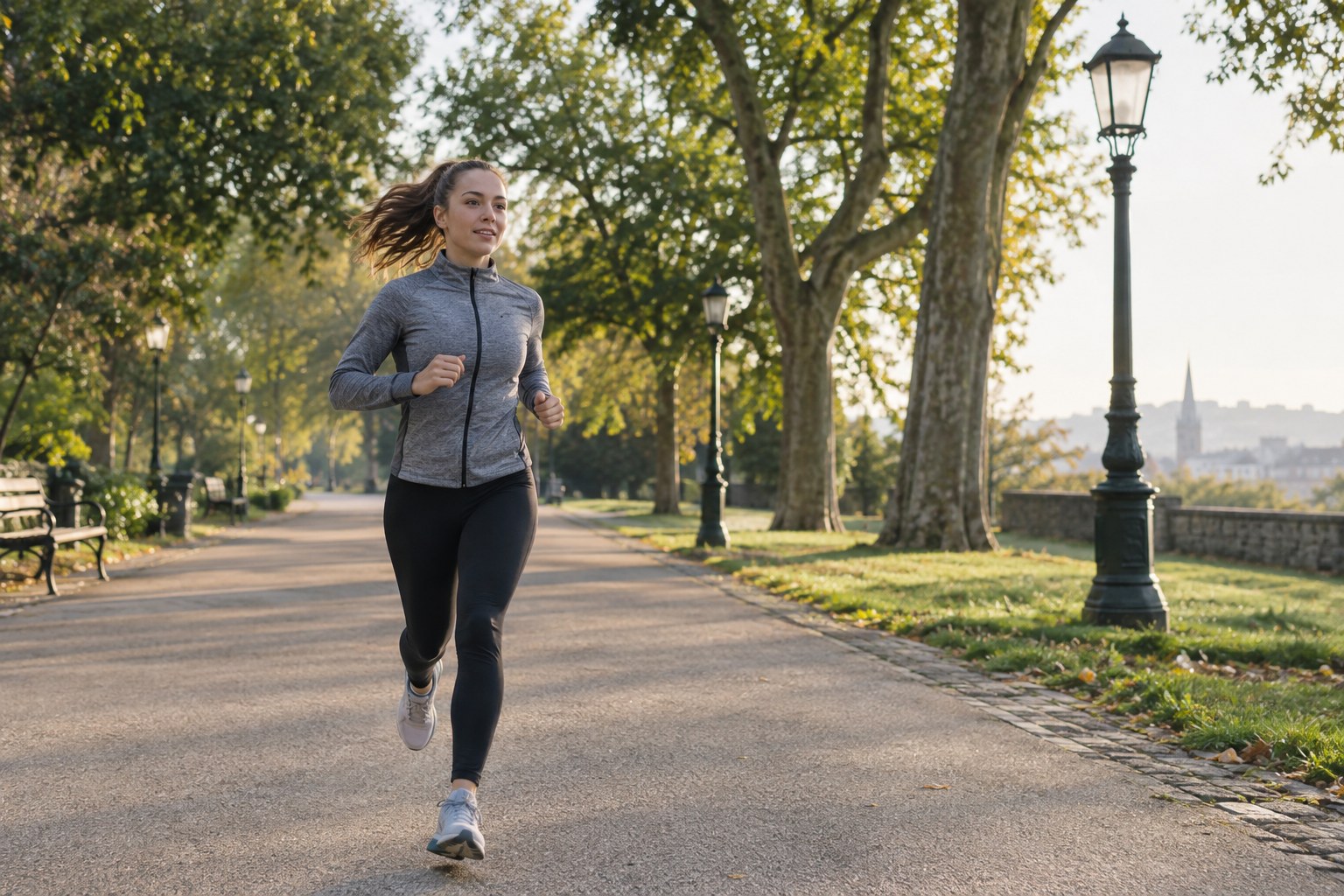 Un coureur suit une allée de parc avec des repères visibles.