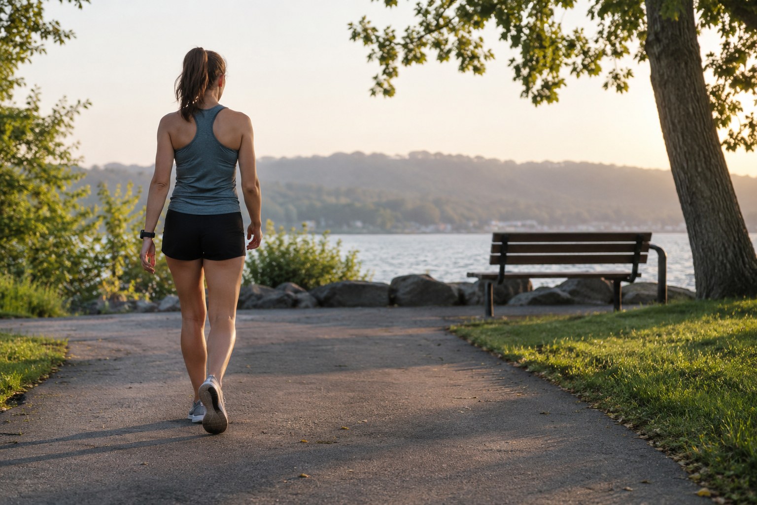 Un coureur marche en fin de sortie sur une allée de parc.
