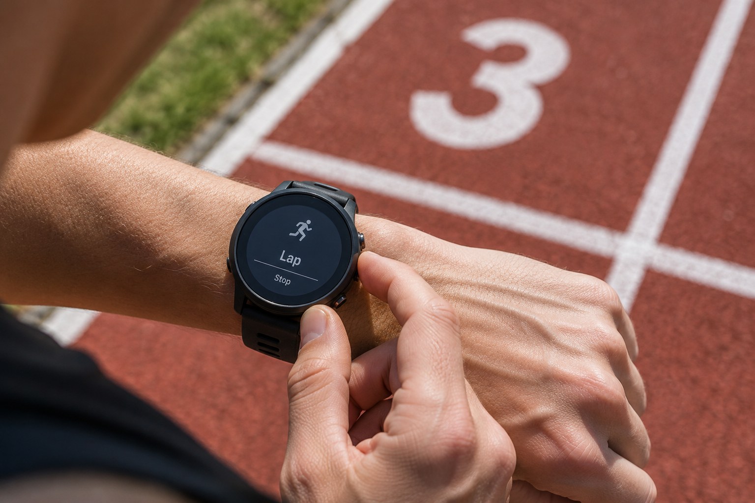 Une main utilise une montre de course près d’une piste d’athlétisme.