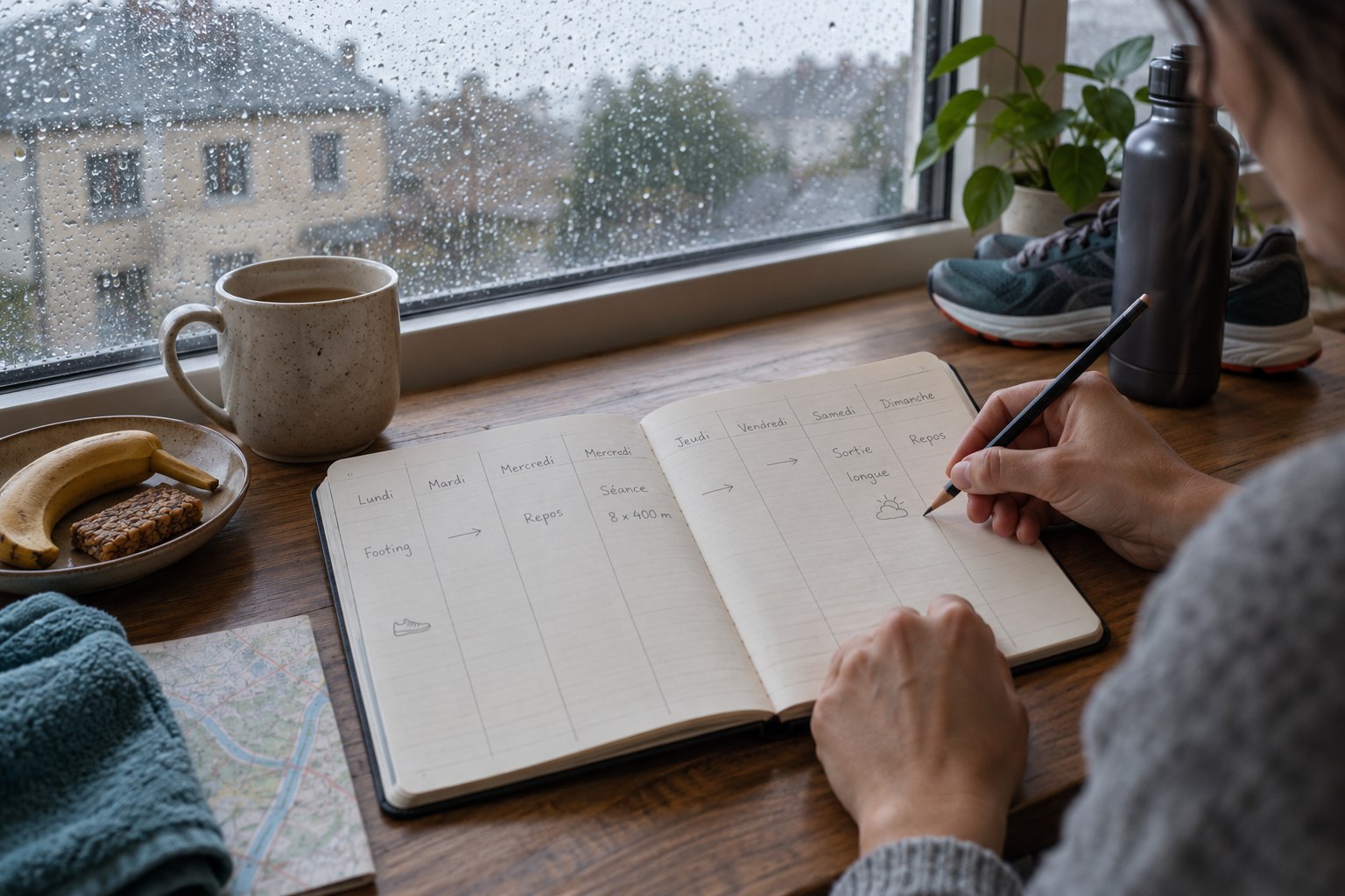 Une personne modifie son agenda près d’une fenêtre couverte de pluie.