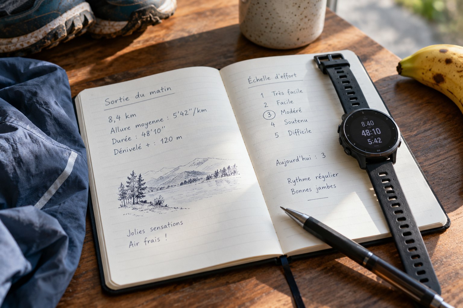 Un carnet présente des notes de course à côté d’une montre.