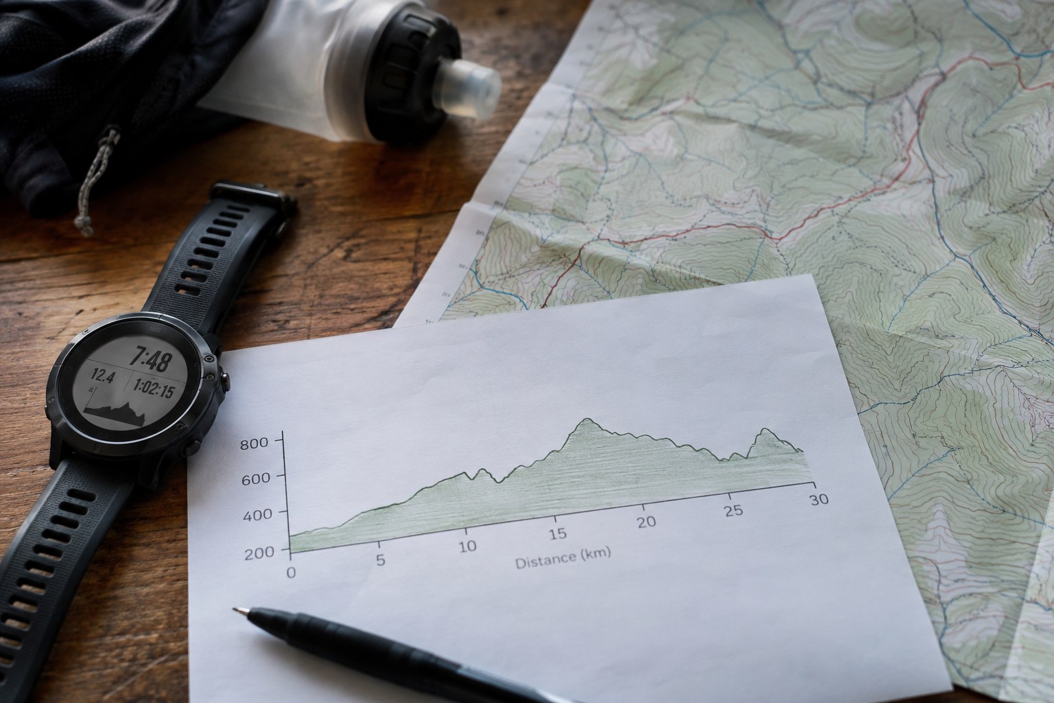 Un profil de dénivelé et une carte près d’une montre de course.