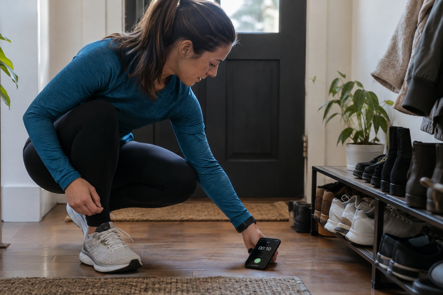 Un coureur prépare un minuteur près de ses chaussures avant de sortir.