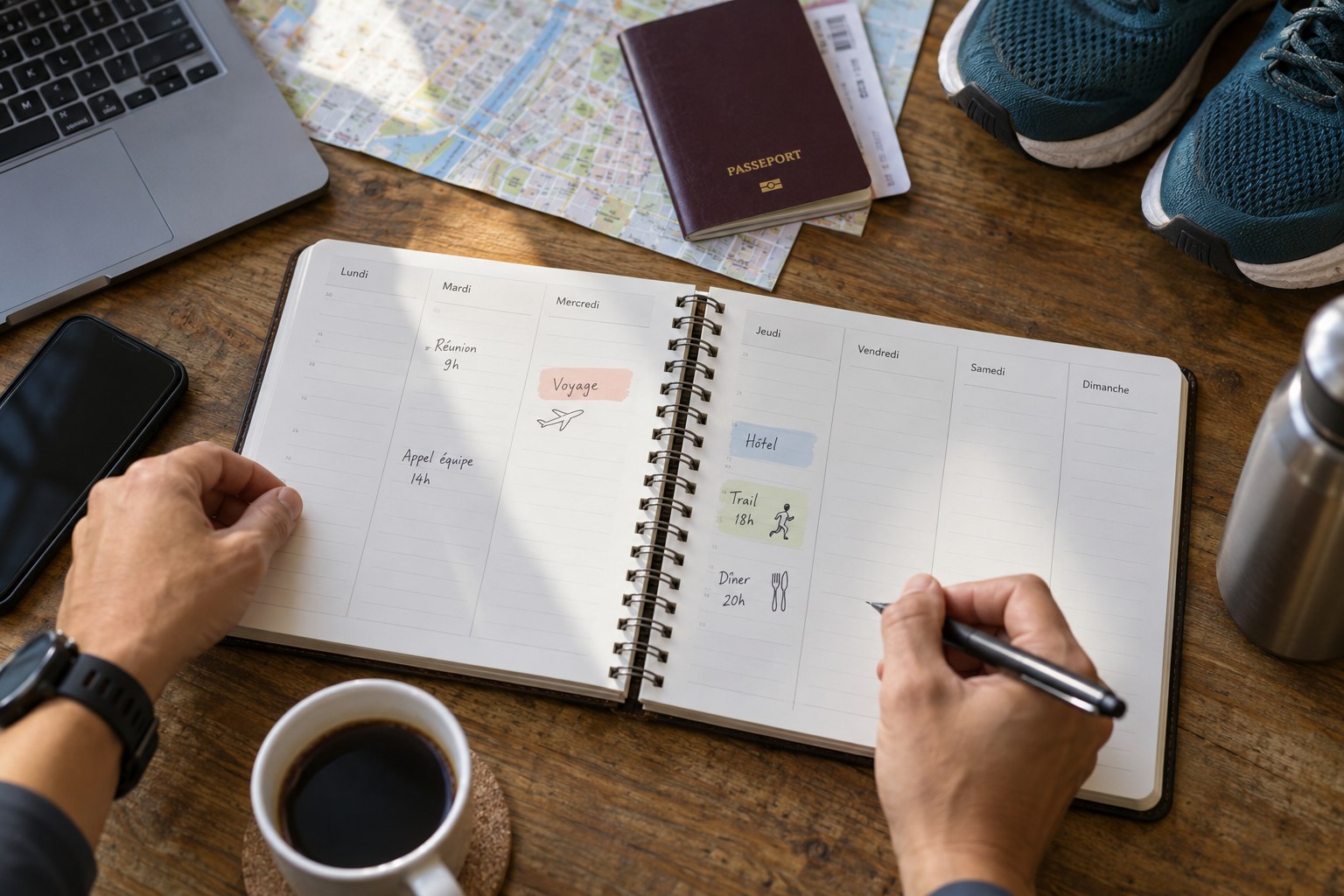 Une personne consulte son planning près de documents de voyage.