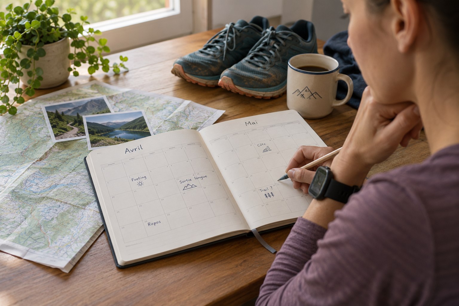 Une personne relit son carnet mensuel de course chez elle.