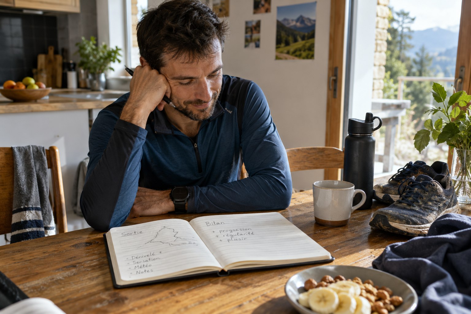 Un coureur réfléchit devant un carnet ouvert à la table de cuisine.