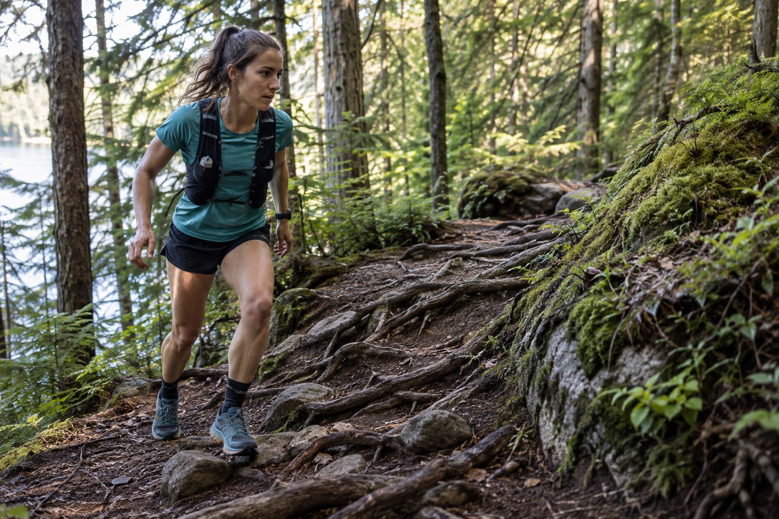 Un coureur de trail regarde devant lui sur un sentier traversé de racines.