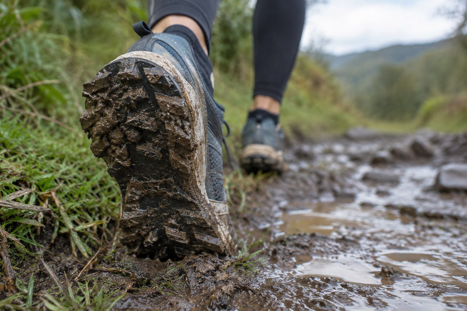 Les crampons marqués d’une semelle de trail près de la boue.