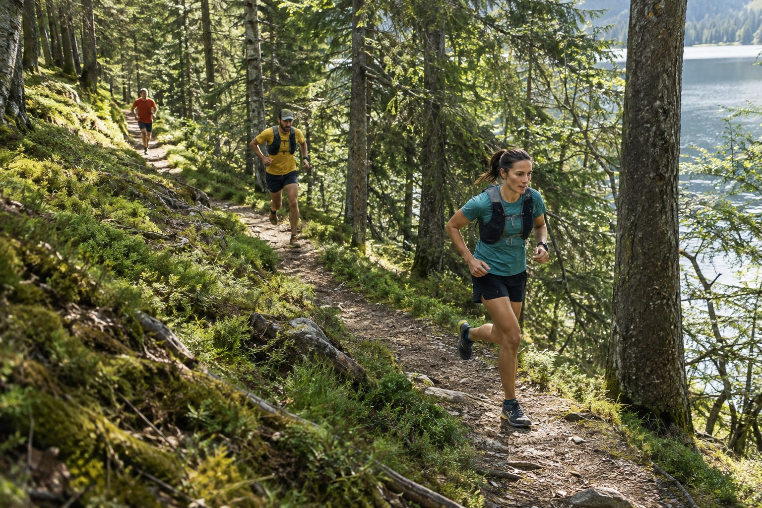 Des coureurs de trail s’espacent sur un sentier étroit.