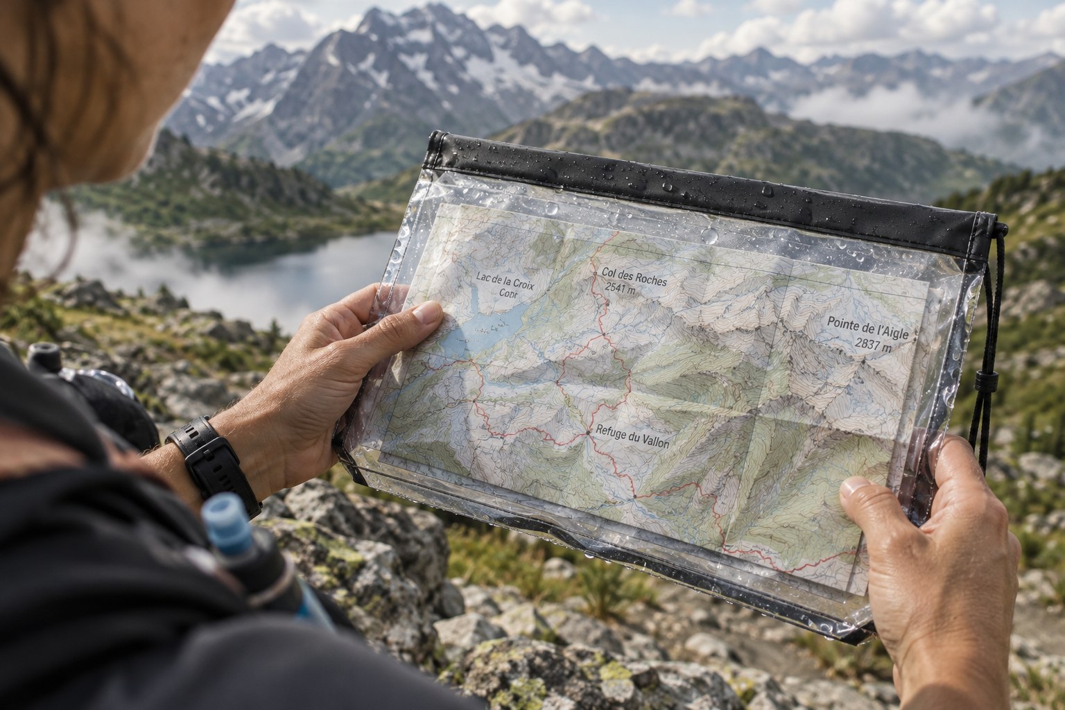 Une carte papier protégée dans une pochette étanche transparente.