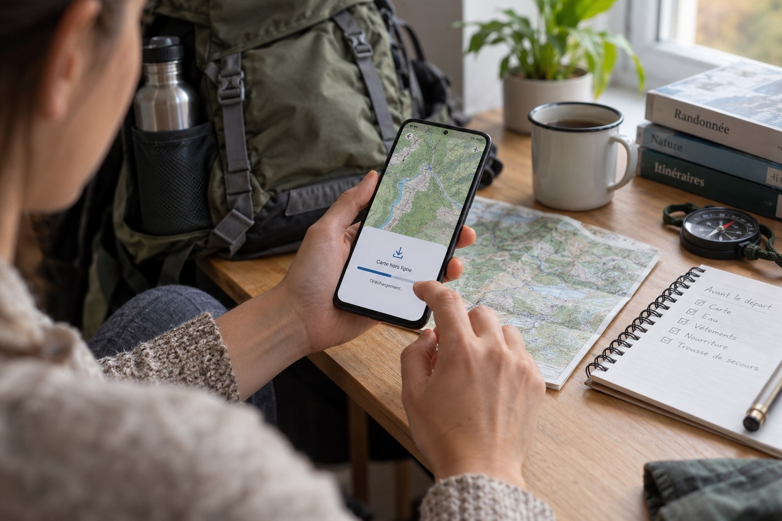 Une personne prépare une carte hors ligne sur son téléphone chez elle.