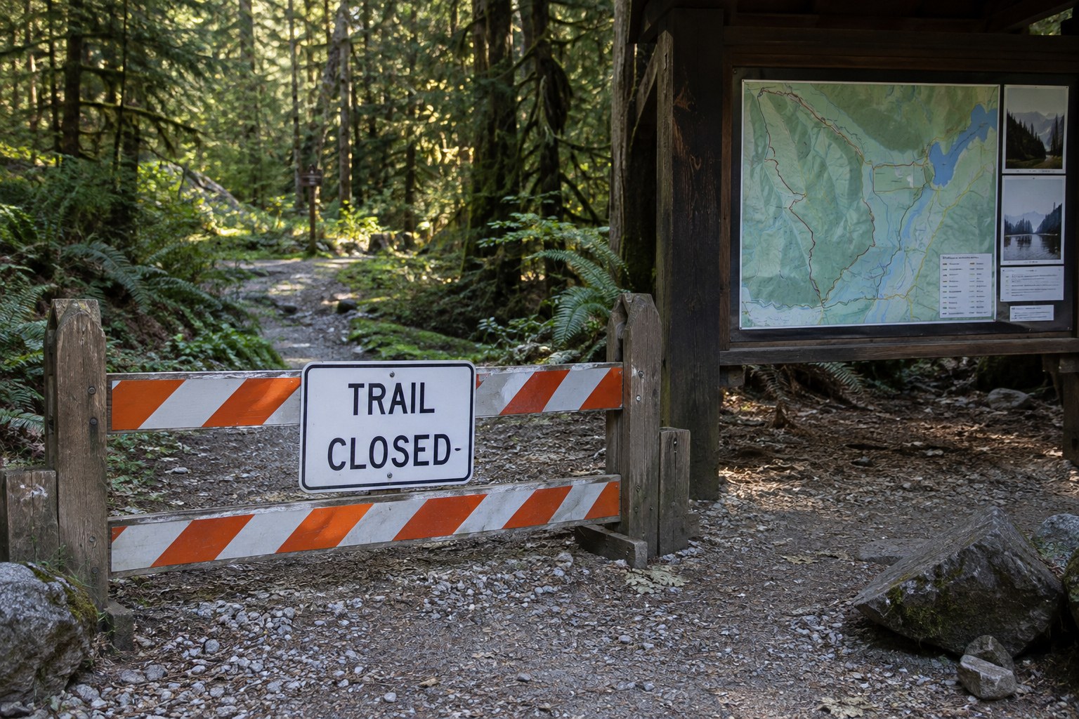 Un panneau de fermeture temporaire et une barrière à l’entrée d’un bois.
