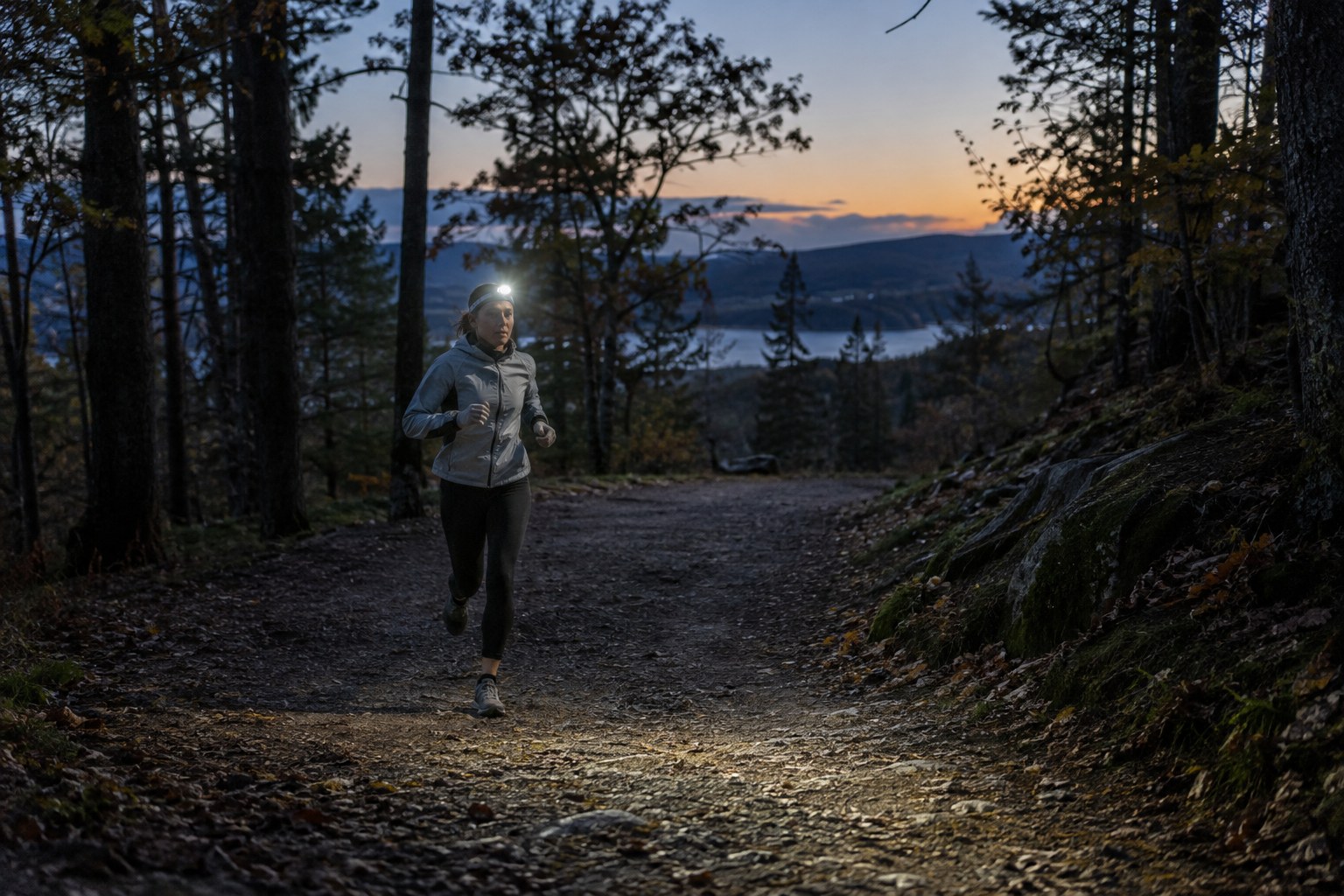 Une lampe frontale éclaire un large sentier au crépuscule.
