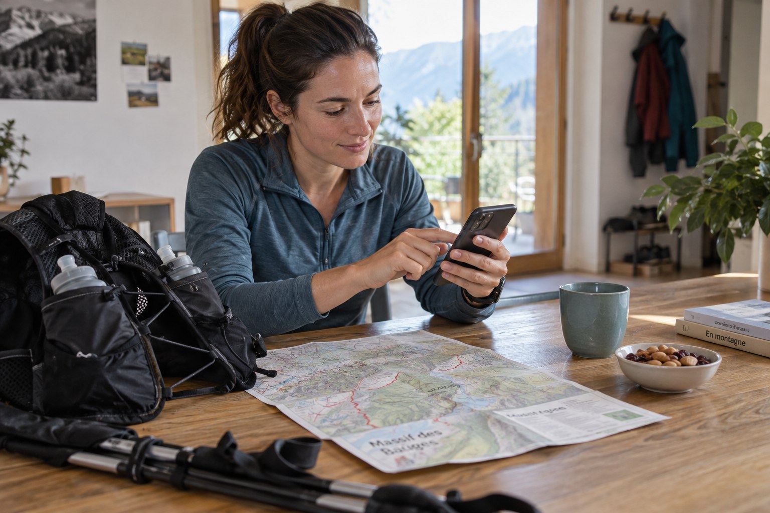 Une coureuse utilise son téléphone près d’un sac et d’une carte.