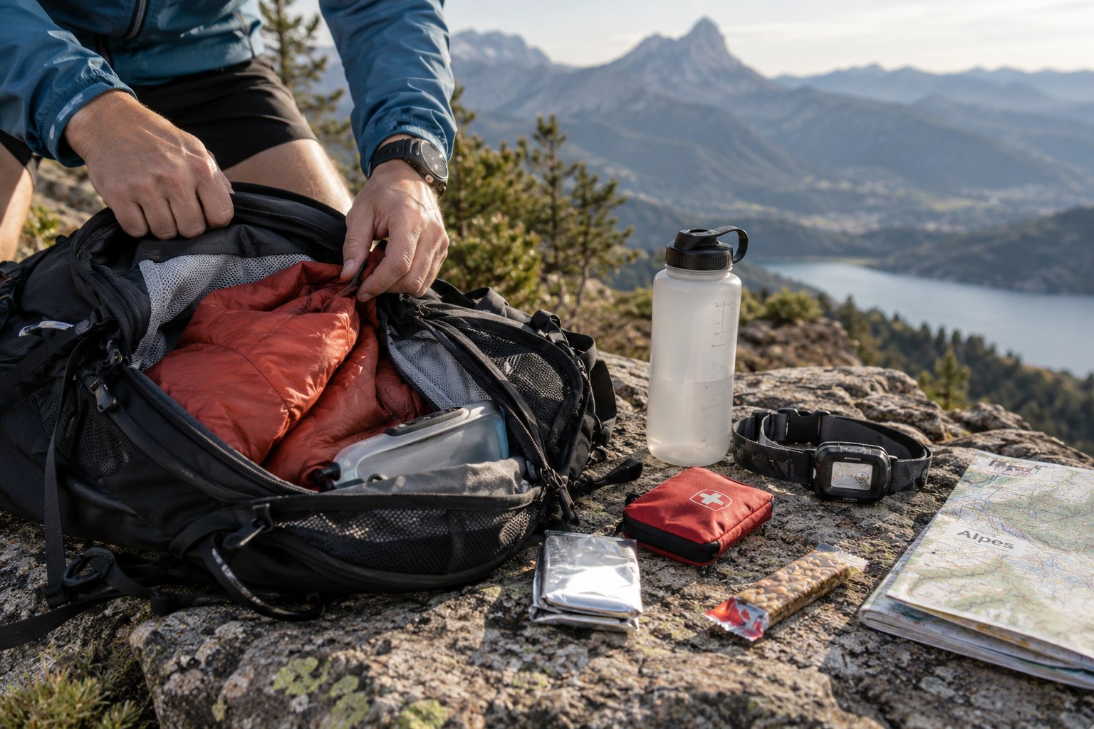 Un sac de trail ouvert avec des vêtements et du matériel de secours.