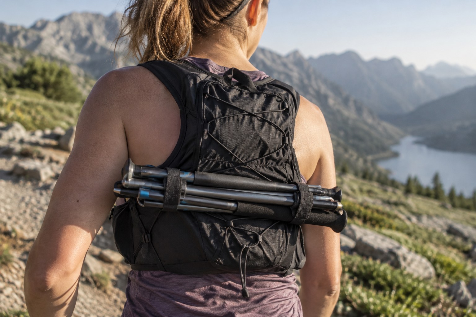 Des bâtons pliés sont fixés contre un sac de trail.