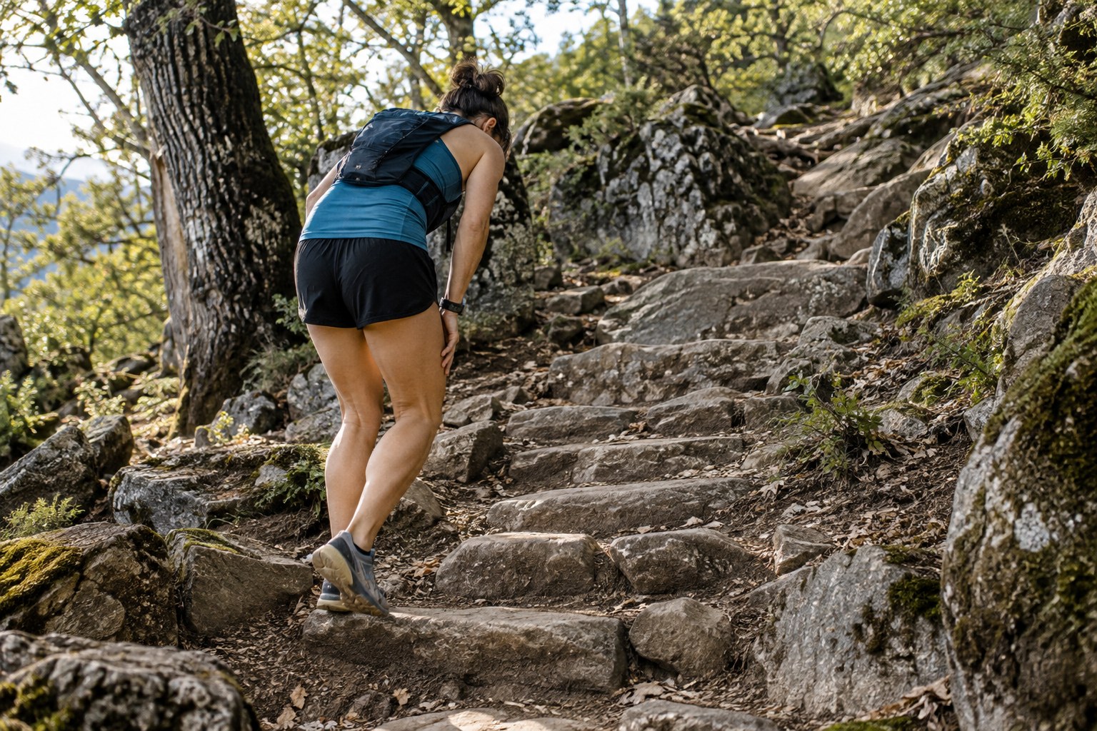 Un coureur ralentit pour marcher sur des marches irrégulières.