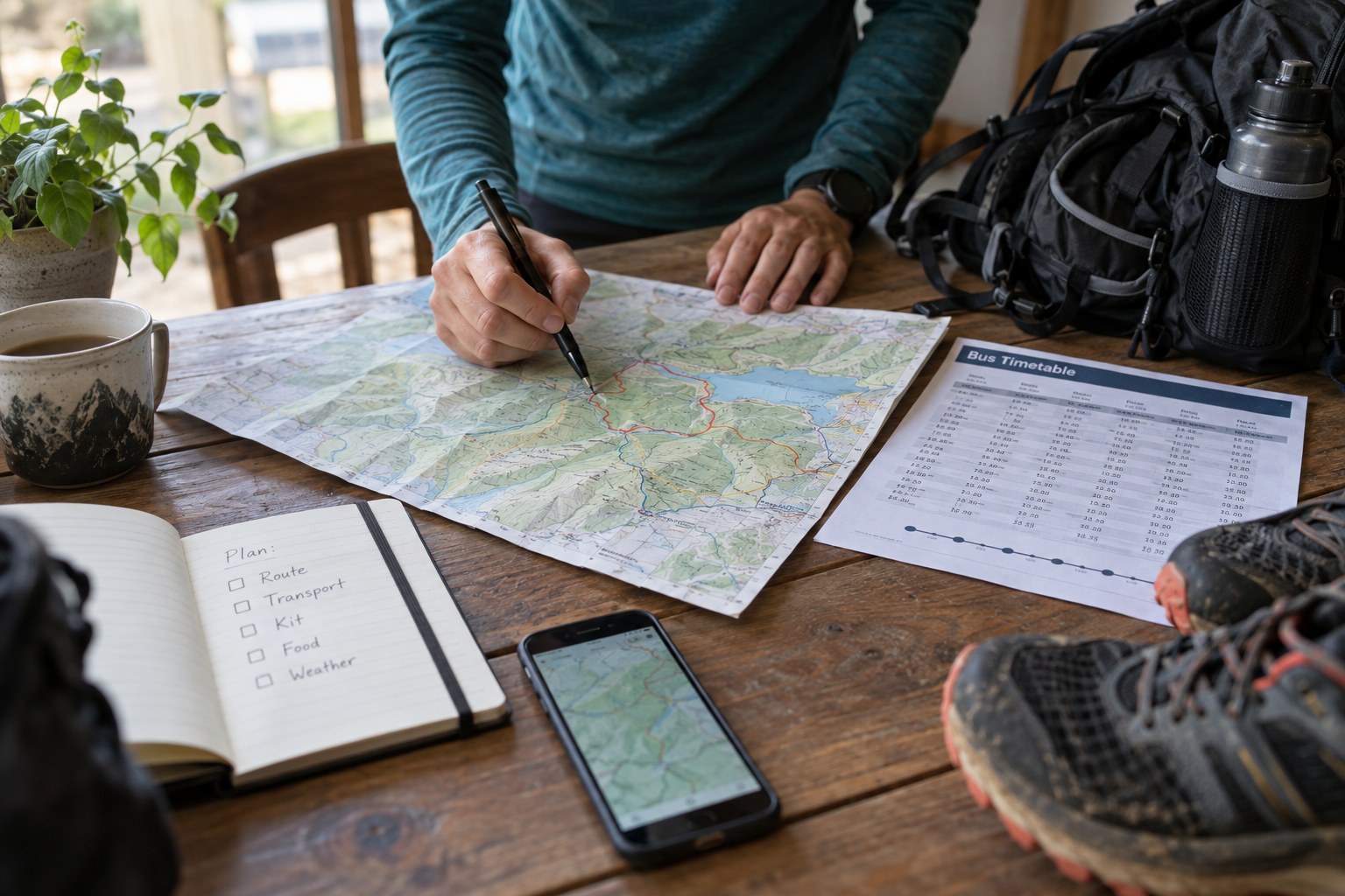 Des documents de parcours près d’un horaire de transport et d’un sac.
