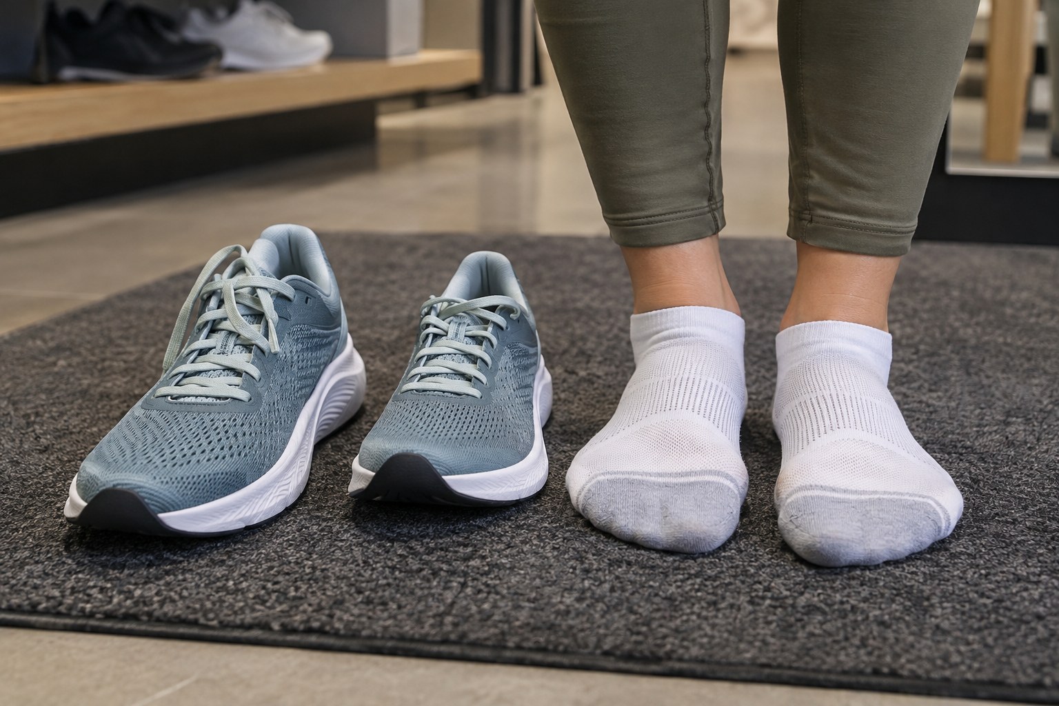 Deux pointures d’une chaussure de course près de pieds en chaussettes.