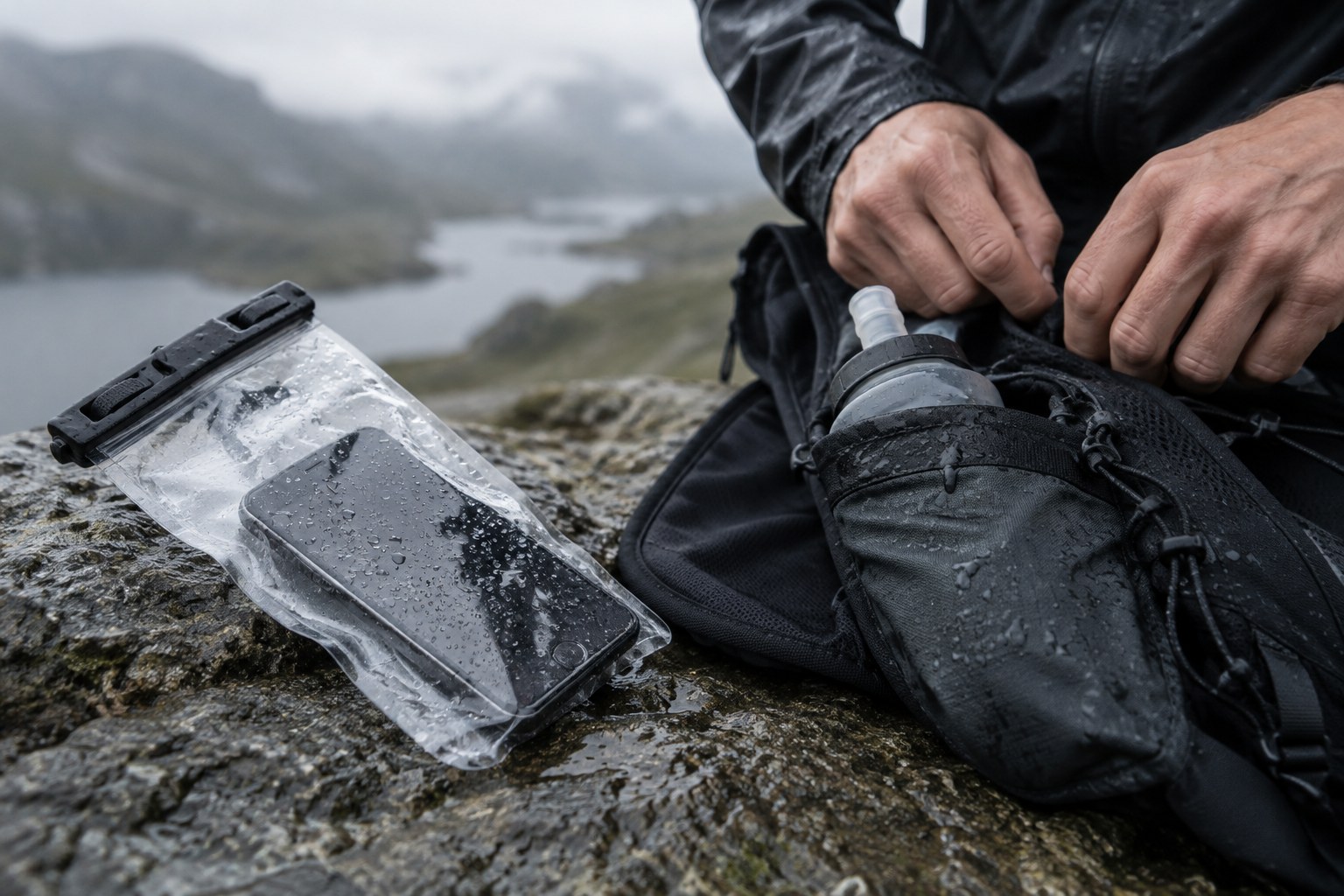 Un téléphone dans une pochette étanche transparente près d’un sac de course mouillé.