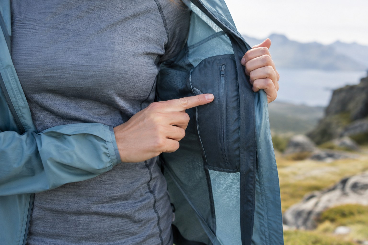 Une main examine la poche zippée d’une veste de course.
