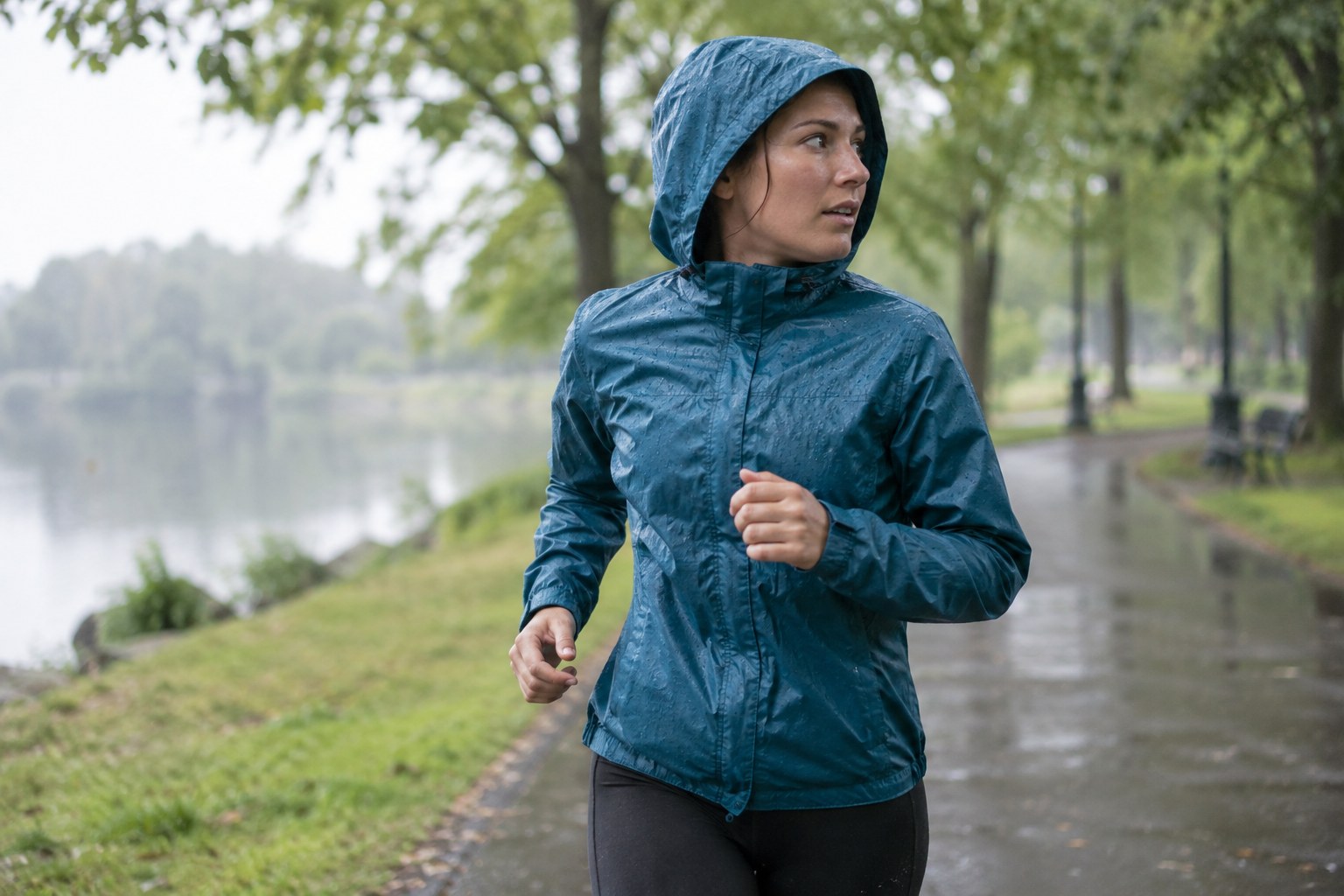 Un coureur tourne la tête avec la capuche d’une veste de pluie.