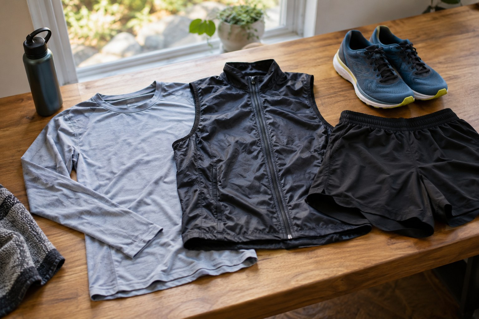 Des couches techniques disposées près d’un short et de chaussures de course.