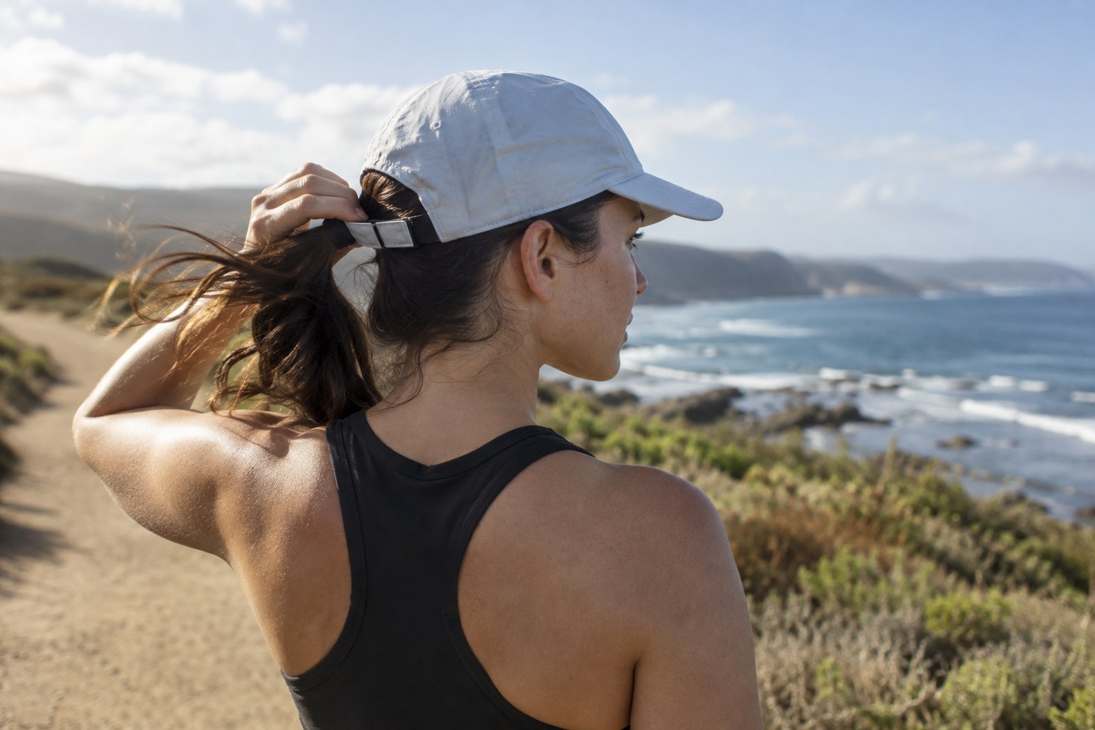 Un coureur ajuste la sangle d’une casquette légère.