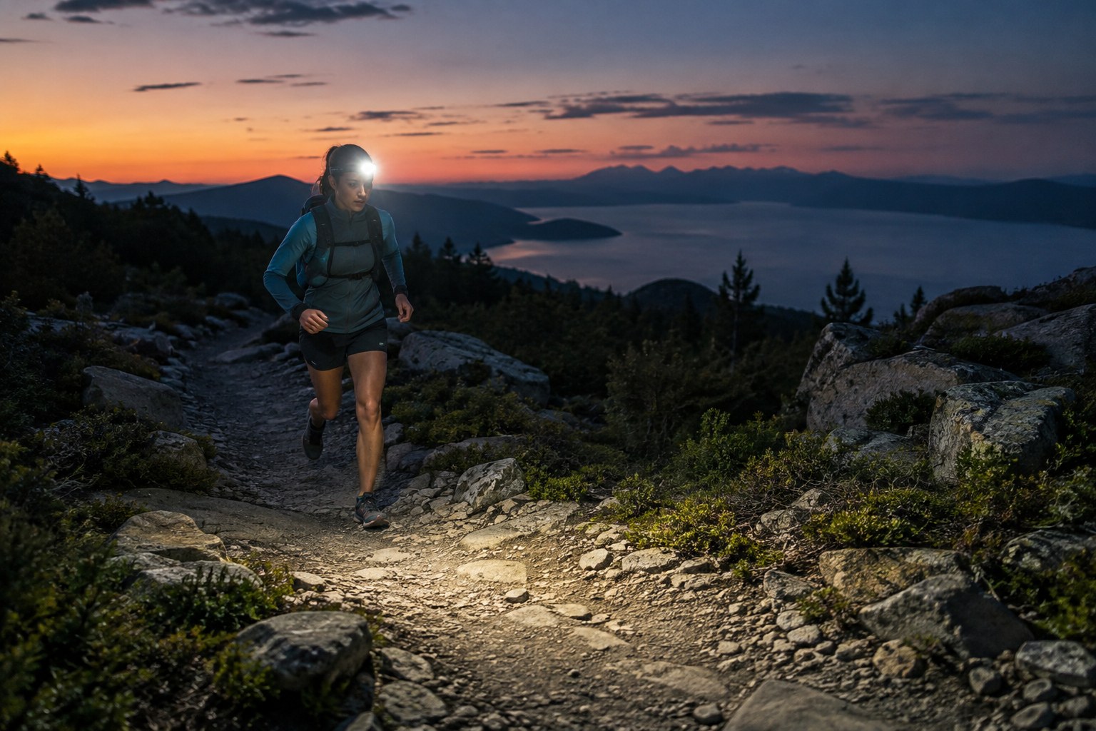 Une lampe frontale projette un faisceau large sur un sentier irrégulier.