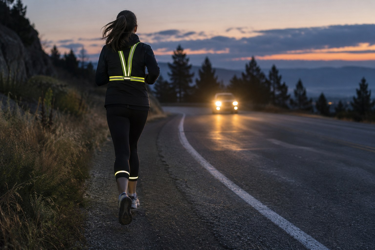 Des éléments réfléchissants sur la tenue d’un coureur au crépuscule.
