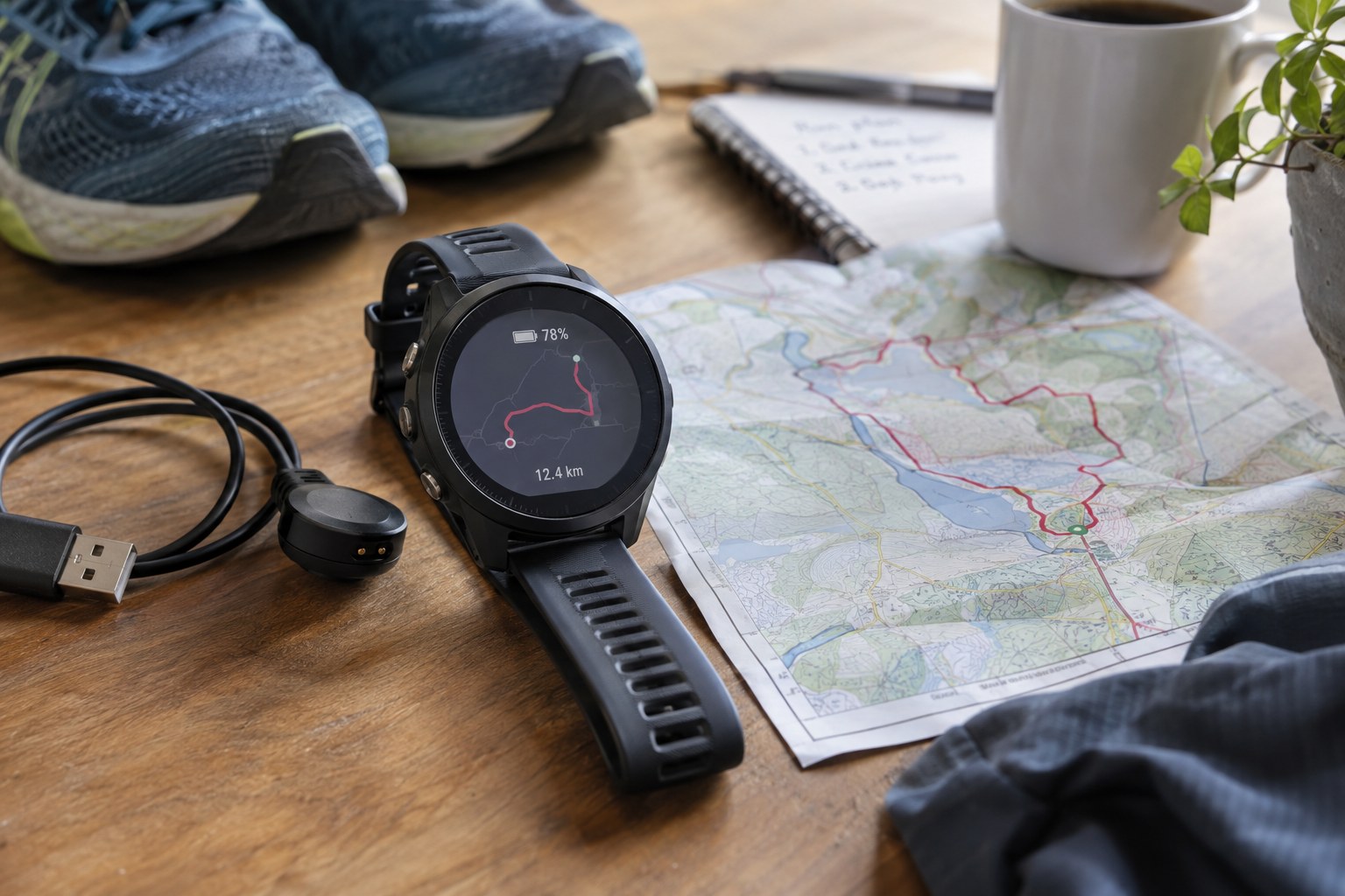 Une montre de course près d’un câble de charge et d’une carte de parcours.