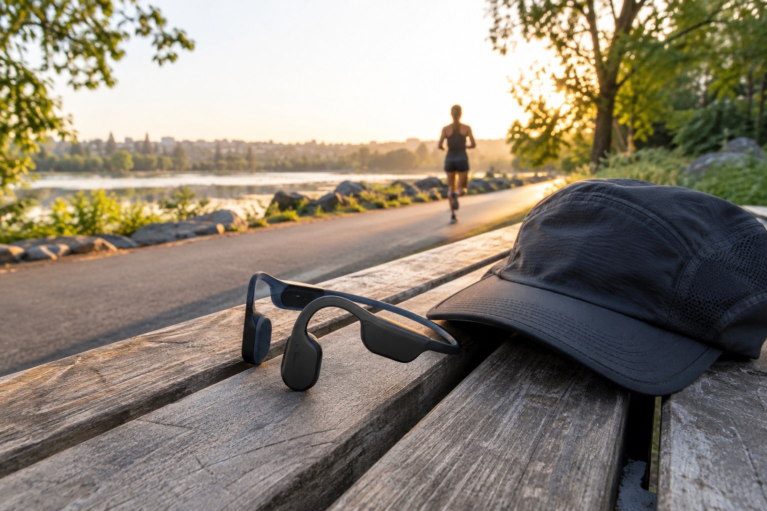 Un casque de sport à oreilles libres près d’une casquette de course.