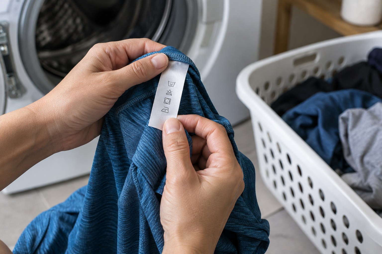 Des mains examinent l’étiquette d’entretien d’un haut technique près d’un panier à linge.
