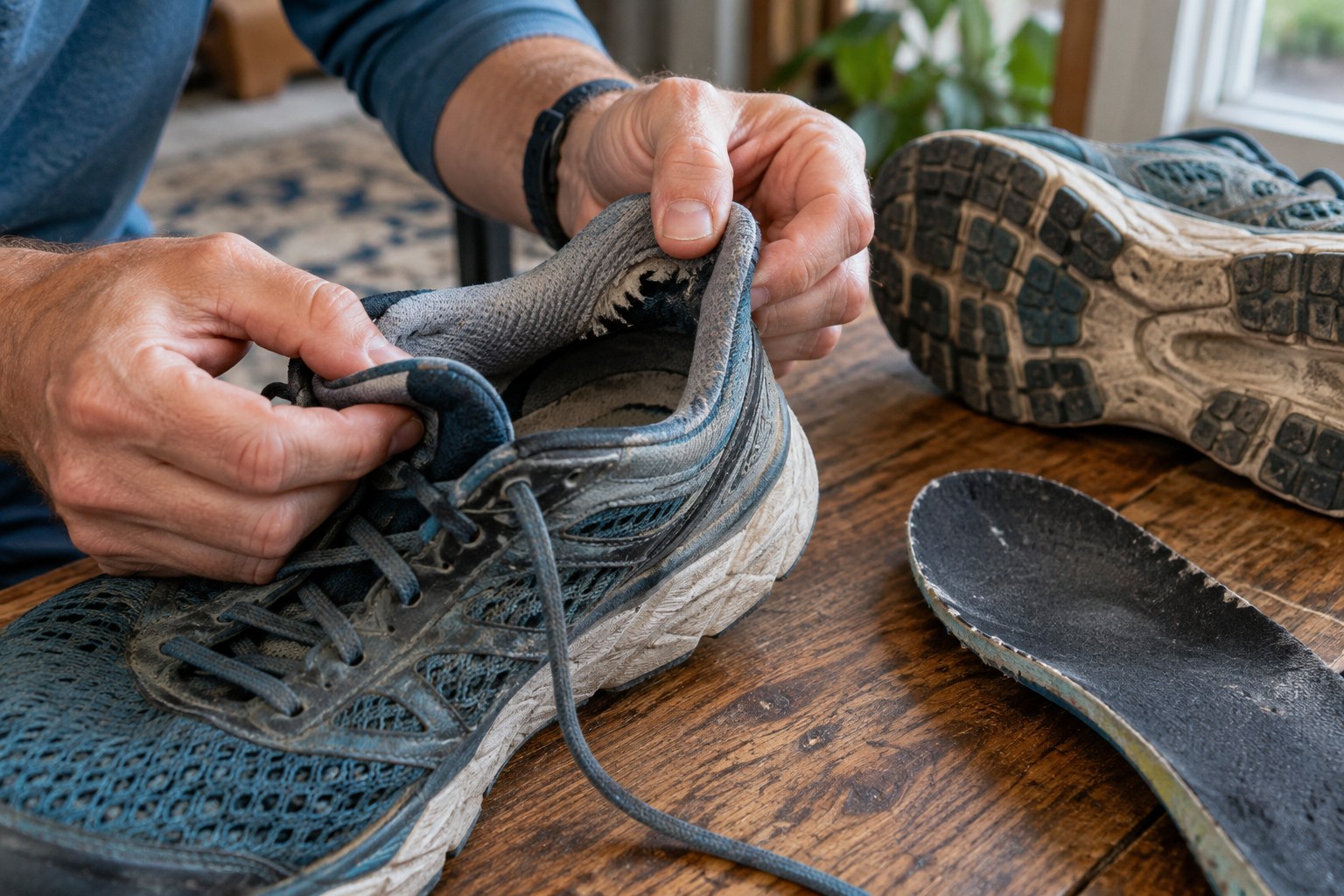 Des mains examinent la doublure et les coutures d’une chaussure usée.
