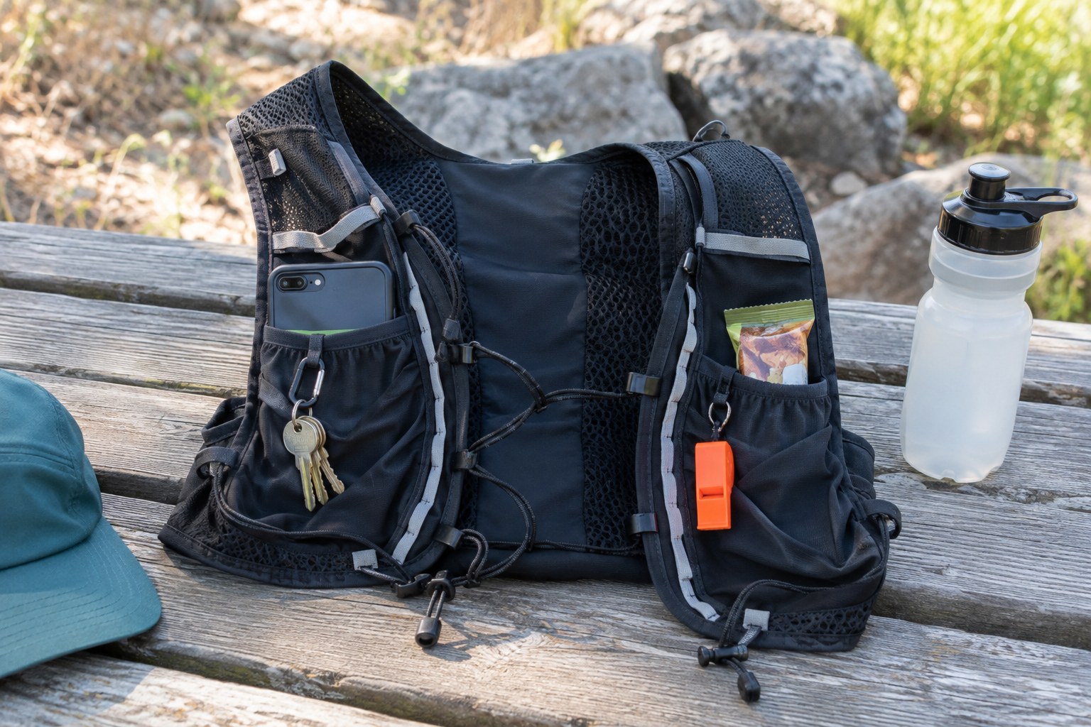 De petits objets disposés près des poches d’un gilet de trail.