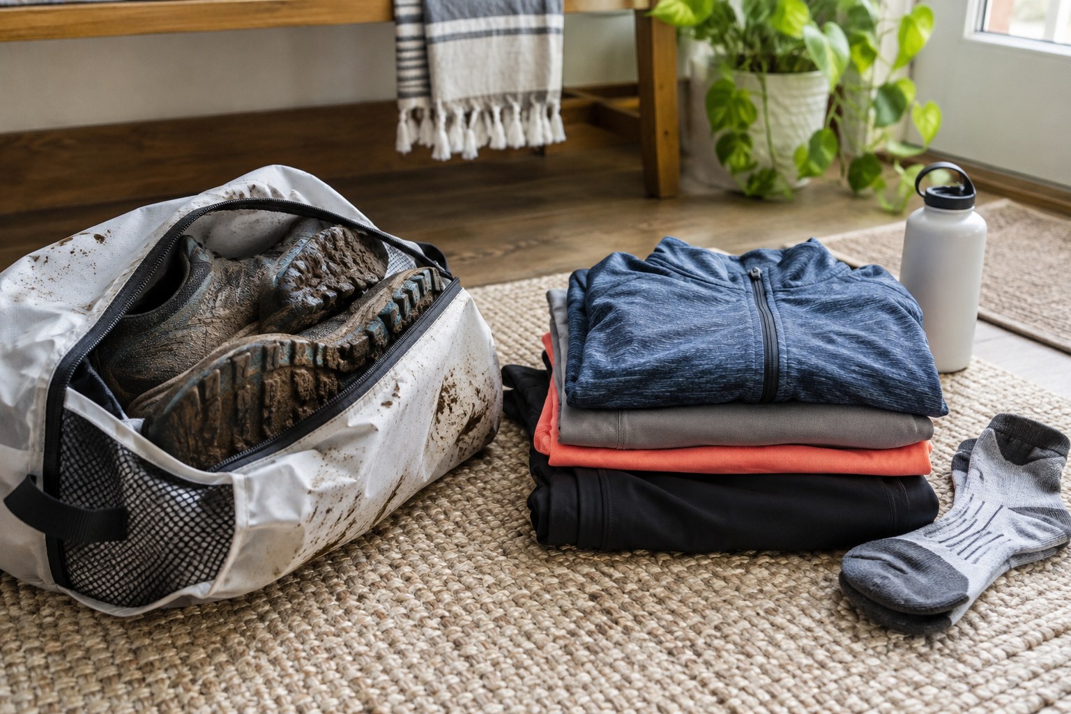 Des chaussures boueuses dans un sac séparé près de vêtements propres.