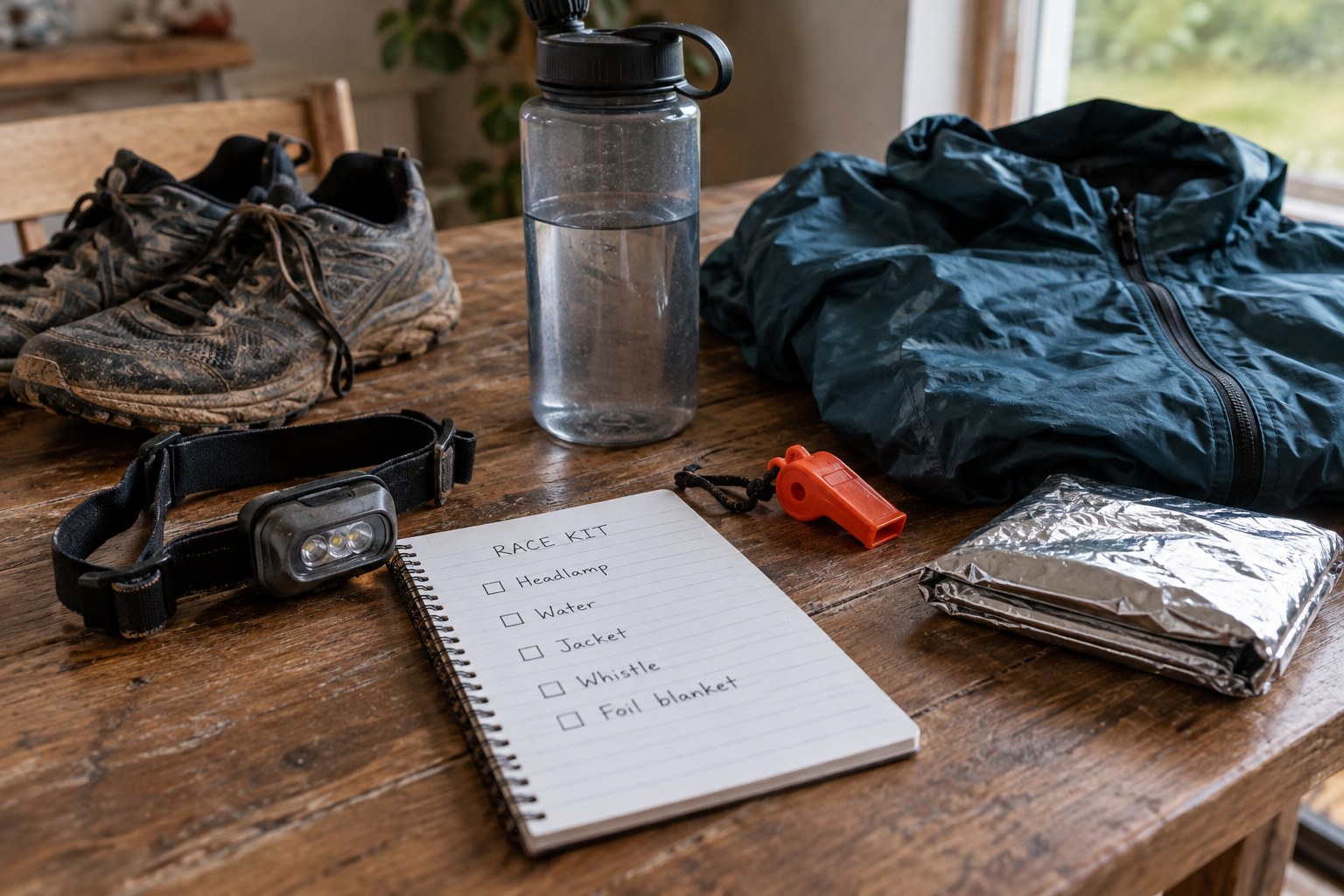 Du matériel de trail disposé près d’une liste de vérification.